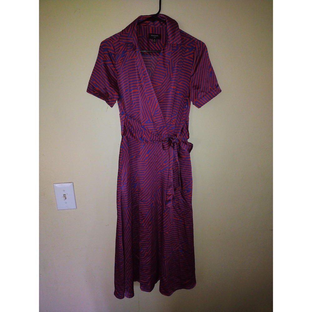 Tahari ASL Red Purple Geometric Maze Print Faux Wrap Midi Dress Womens Size 2